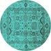 Round Machine Washable Oriental Turquoise Traditional Area Rugs, wshurb2888turq