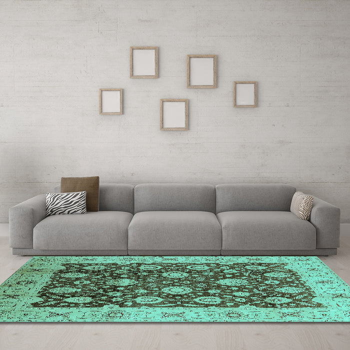 Machine Washable Oriental Turquoise Traditional Area Rugs in a Living Room,, wshurb2891turq