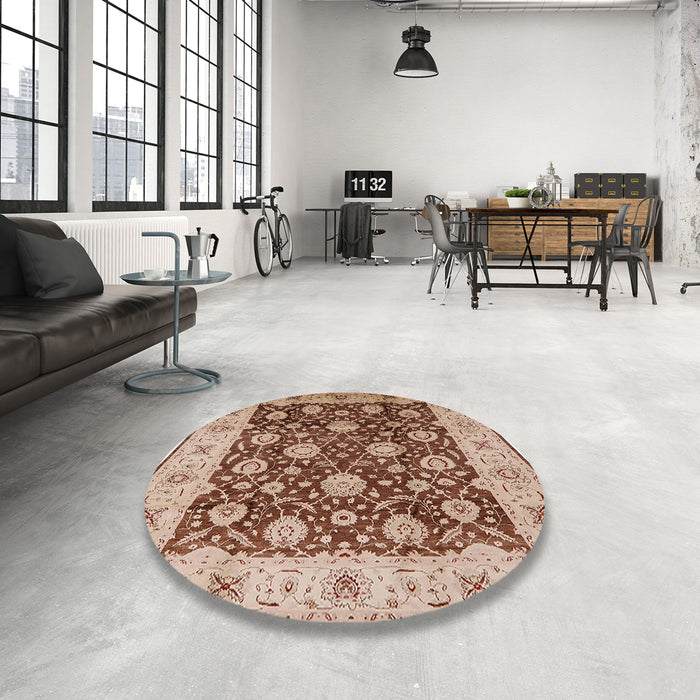 Round Mid-Century Modern Brown Oriental Rug in a Office, urb2891