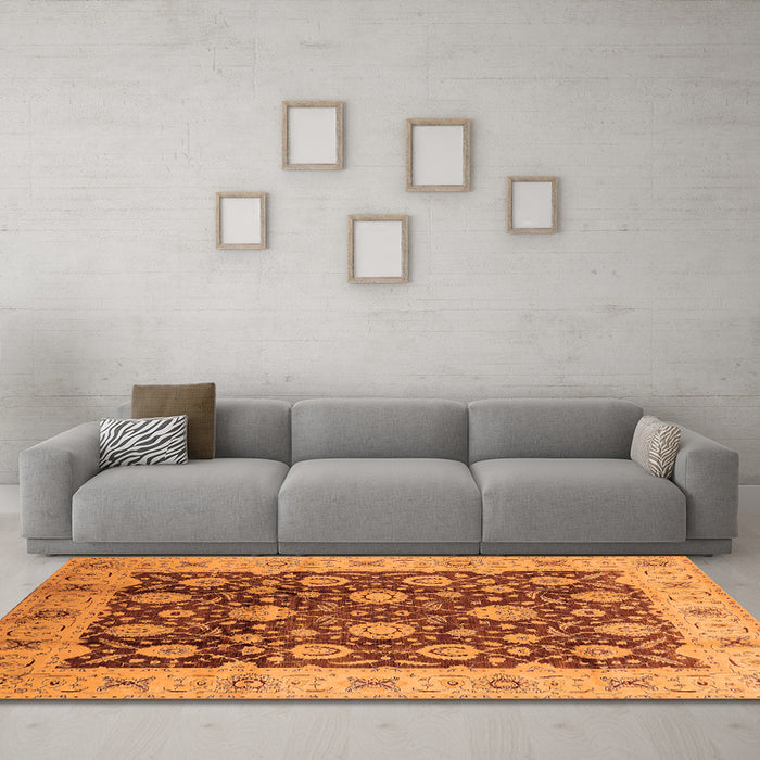 Machine Washable Oriental Orange Traditional Area Rugs in a Living Room, wshurb2891org