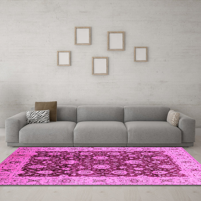 Machine Washable Oriental Pink Traditional Rug in a Living Room, wshurb2891pnk