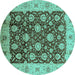 Round Machine Washable Oriental Turquoise Traditional Area Rugs, wshurb2891turq