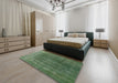 Mid-Century Modern Forest Green Oriental Rug in a Bedroom, urb2892