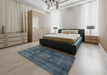 Mid-Century Modern Dark Blue Grey Blue Oriental Rug in a Bedroom, urb2895