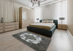 Mid-Century Modern Charcoal Gray Oriental Rug in a Bedroom, urb2896