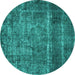 Round Machine Washable Oriental Turquoise Industrial Area Rugs, wshurb2898turq