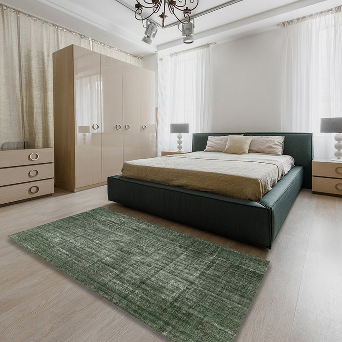 Mid-Century Modern Camouflage Green Oriental Rug in a Bedroom, urb2900
