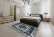 Mid-Century Modern Dark Blue Grey Blue Oriental Rug in a Bedroom, urb2902