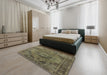 Mid-Century Modern Copper Green Oriental Rug in a Bedroom, urb2908