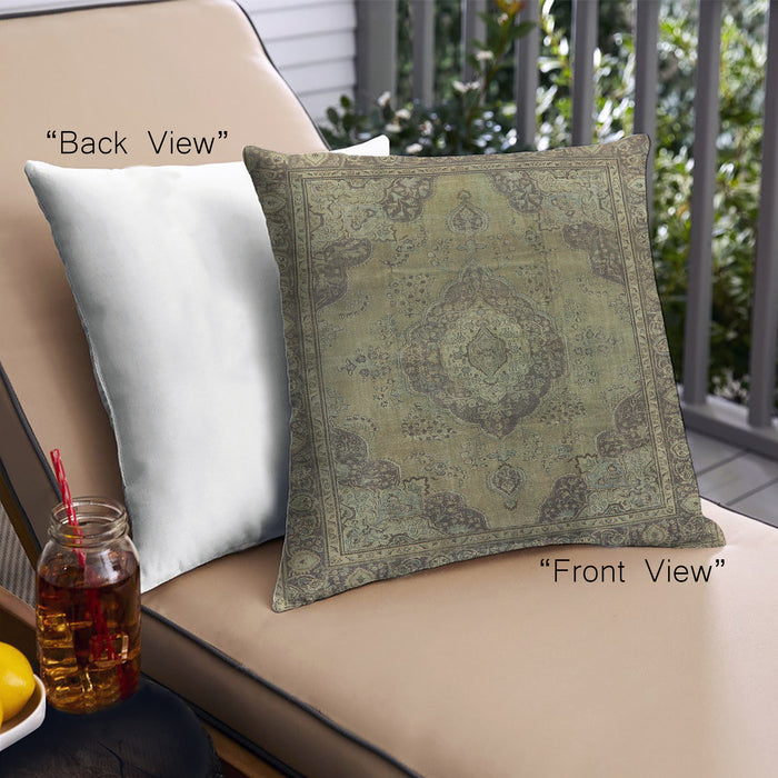 Front View of Mid-Century Modern Urban Square Brass Green Throw Pillow, 18 inch by 18 inch, pwurb2908