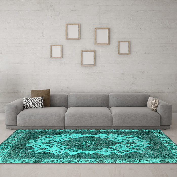Machine Washable Oriental Turquoise Industrial Area Rugs in a Living Room,, wshurb2910turq