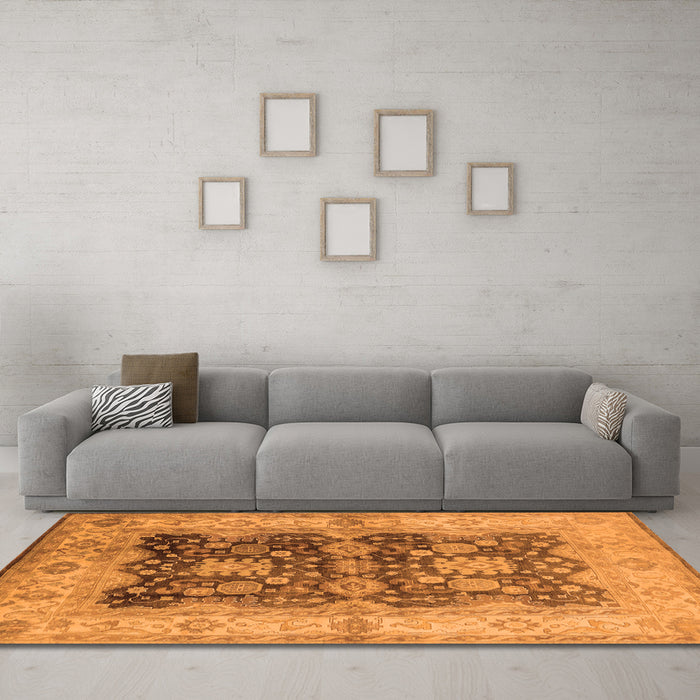 Machine Washable Oriental Orange Traditional Area Rugs in a Living Room, wshurb2911org