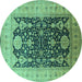 Round Machine Washable Oriental Turquoise Traditional Area Rugs, wshurb2916turq