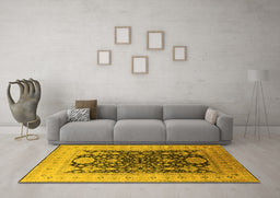 Machine Washable Oriental Yellow Traditional Rug in a Living Room, wshurb2916yw