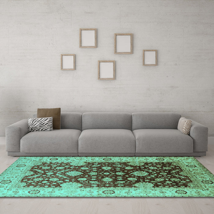 Machine Washable Oriental Turquoise Traditional Area Rugs in a Living Room,, wshurb2917turq