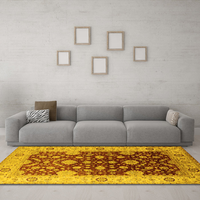 Machine Washable Oriental Yellow Traditional Rug in a Living Room, wshurb2917yw