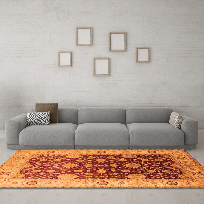 Machine Washable Oriental Orange Traditional Area Rugs in a Living Room, wshurb2917org