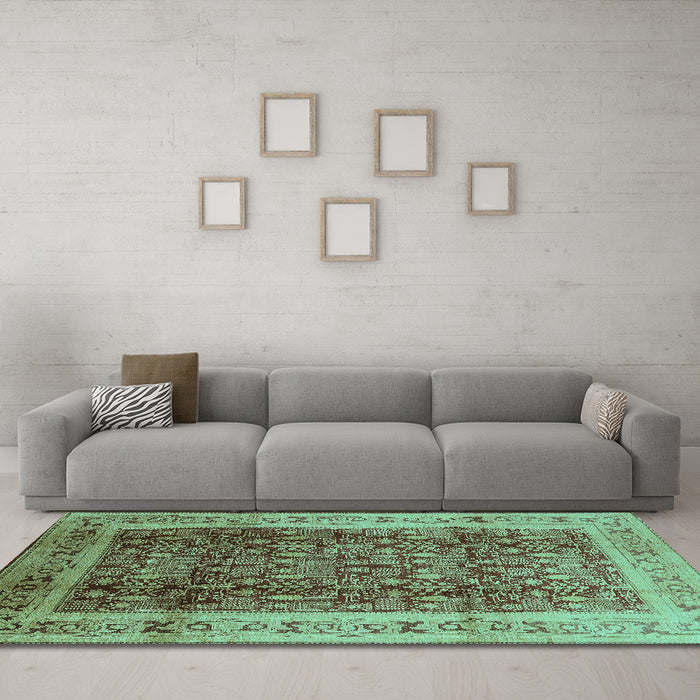 Machine Washable Oriental Turquoise Traditional Area Rugs in a Living Room,, wshurb2918turq
