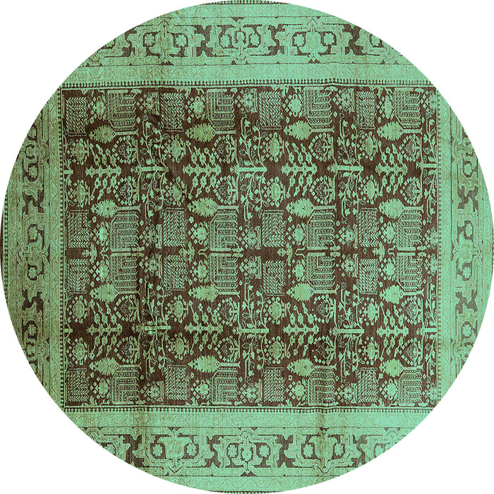 Round Machine Washable Oriental Turquoise Traditional Area Rugs, wshurb2918turq
