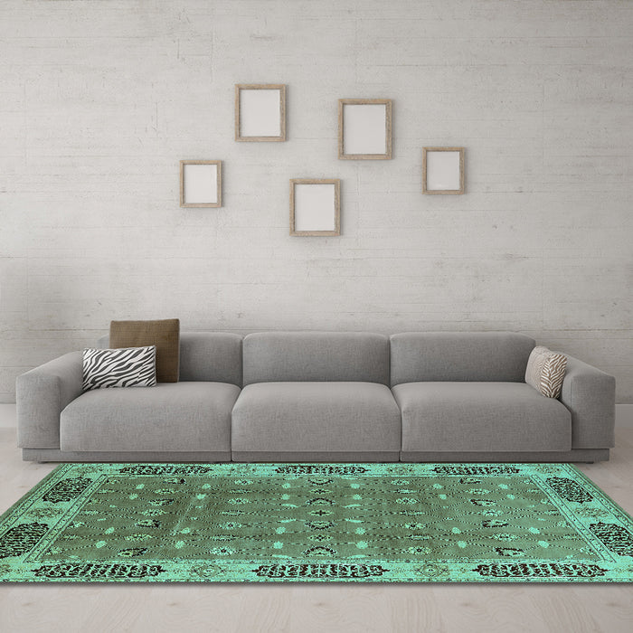 Machine Washable Oriental Turquoise Traditional Area Rugs in a Living Room,, wshurb2919turq