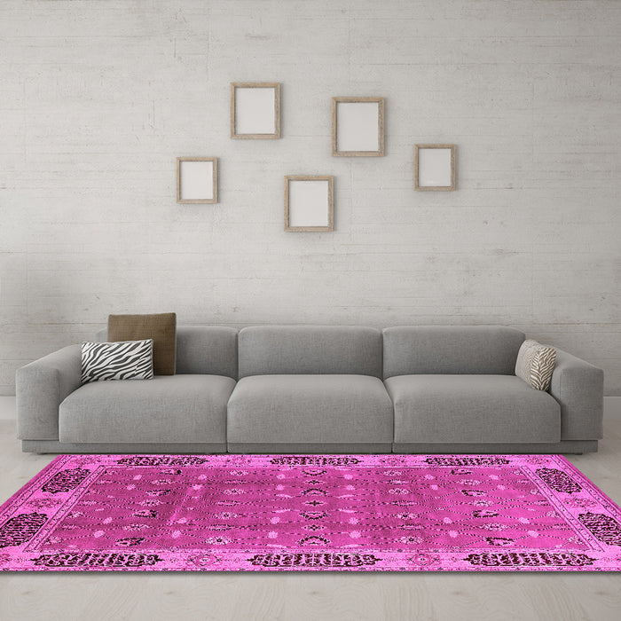 Machine Washable Oriental Pink Traditional Rug in a Living Room, wshurb2919pnk