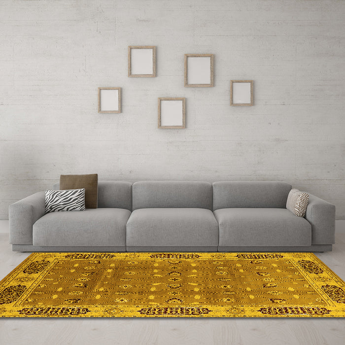 Machine Washable Oriental Yellow Traditional Rug in a Living Room, wshurb2919yw