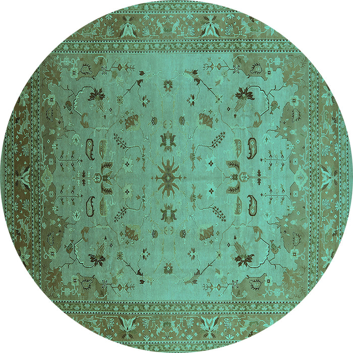 Round Machine Washable Oriental Turquoise Traditional Area Rugs, wshurb2921turq