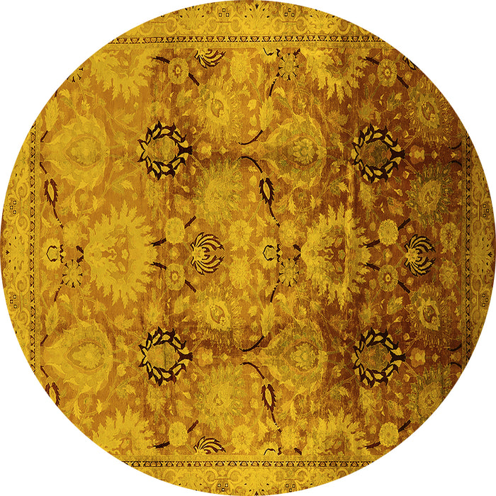 Round Machine Washable Oriental Yellow Traditional Rug, wshurb2924yw