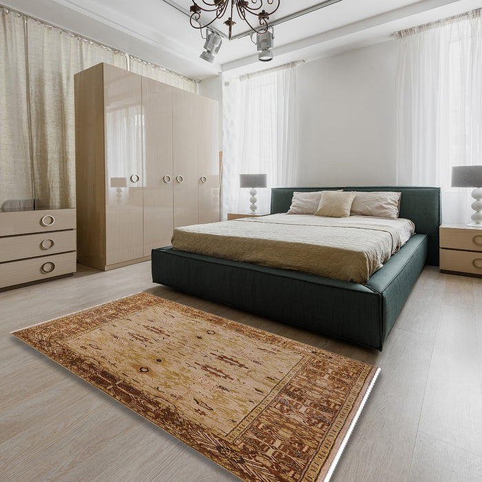 Mid-Century Modern Mahogany Brown Oriental Rug in a Bedroom, urb2928