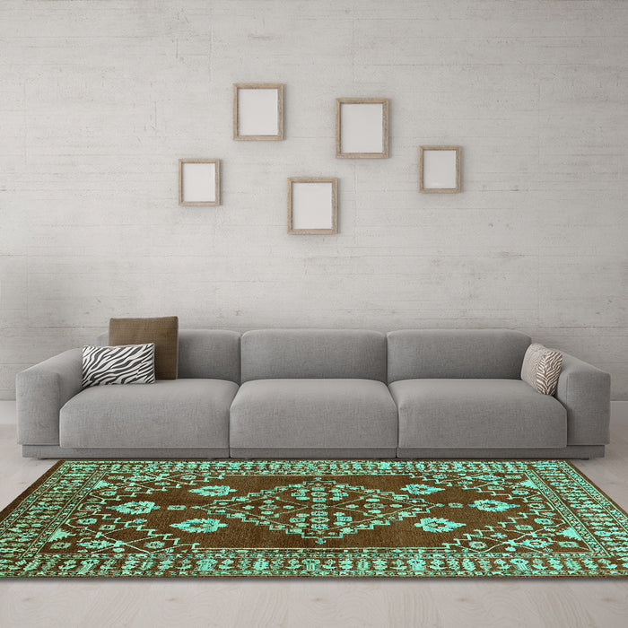 Machine Washable Oriental Turquoise Industrial Area Rugs in a Living Room,, wshurb2932turq