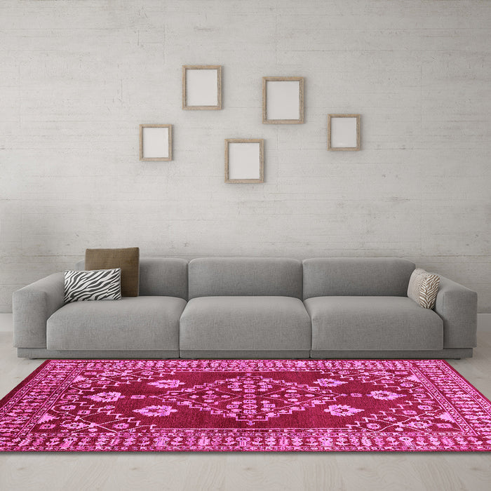 Machine Washable Oriental Pink Industrial Rug in a Living Room, wshurb2932pnk
