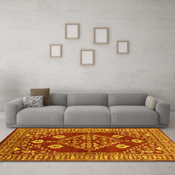 Machine Washable Oriental Yellow Industrial Rug in a Living Room, wshurb2932yw