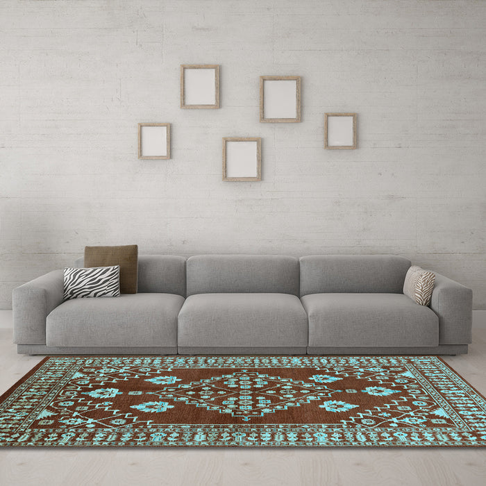 Machine Washable Oriental Light Blue Industrial Rug in a Living Room, wshurb2932lblu