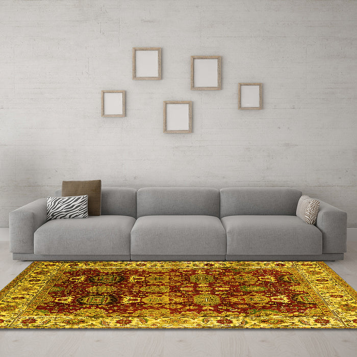 Machine Washable Oriental Yellow Traditional Rug in a Living Room, wshurb2933yw