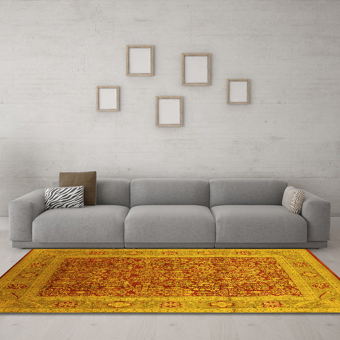 Machine Washable Oriental Yellow Traditional Rug in a Living Room, wshurb2934yw