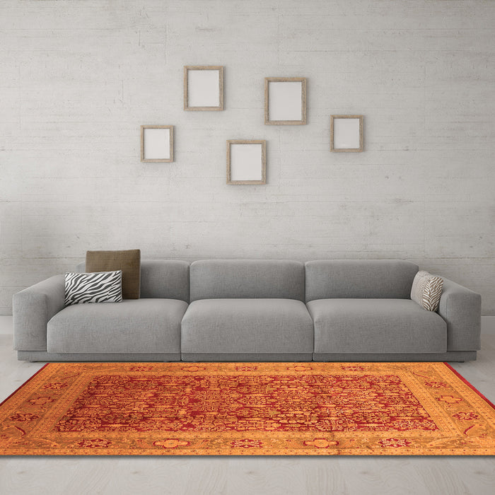 Machine Washable Oriental Orange Traditional Area Rugs in a Living Room, wshurb2934org