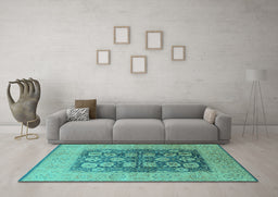 Machine Washable Oriental Turquoise Traditional Area Rugs in a Living Room,, wshurb2935turq