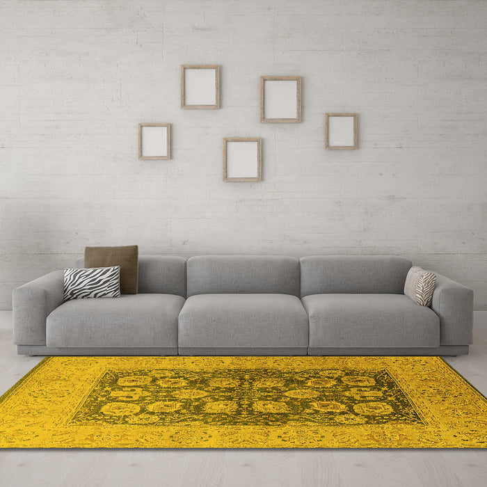 Machine Washable Oriental Yellow Traditional Rug in a Living Room, wshurb2935yw