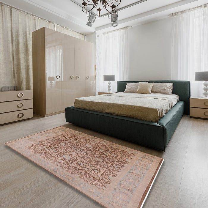 Mid-Century Modern Dark Salmon Pink Oriental Rug in a Bedroom, urb2937