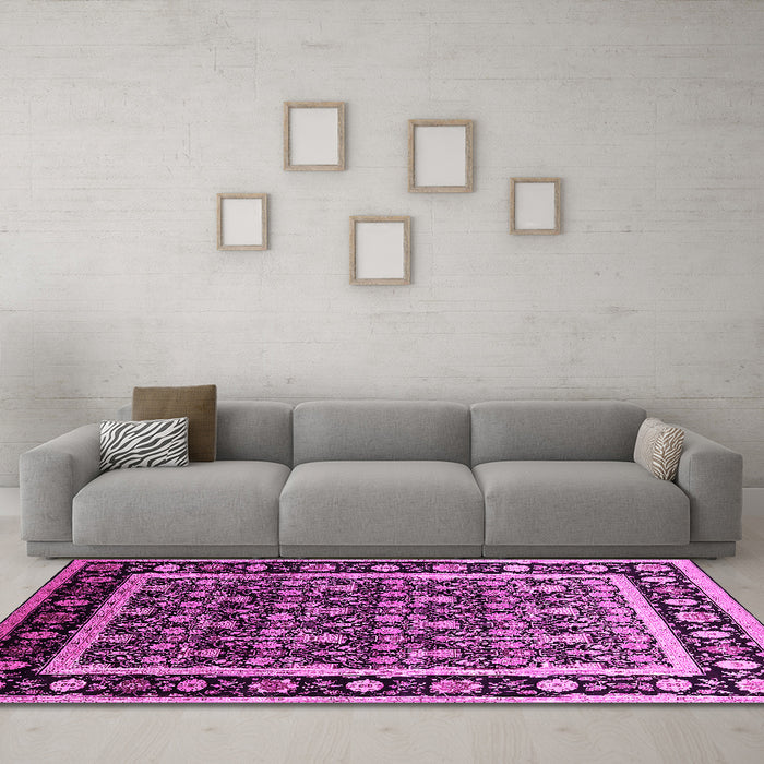 Machine Washable Oriental Pink Traditional Rug in a Living Room, wshurb2938pnk