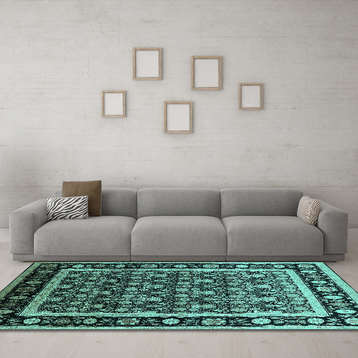 Machine Washable Oriental Turquoise Traditional Area Rugs in a Living Room,, wshurb2938turq