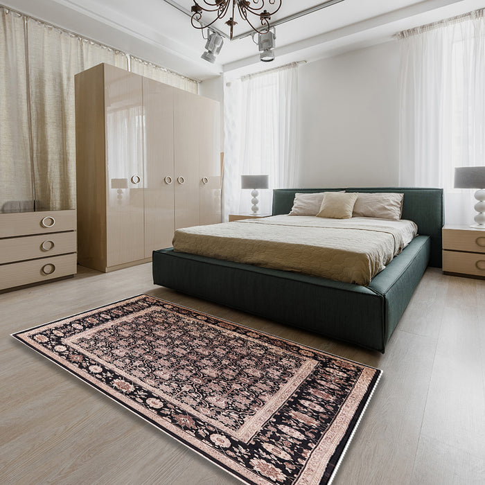 Mid-Century Modern Dark Salmon Pink Oriental Rug in a Bedroom, urb2938