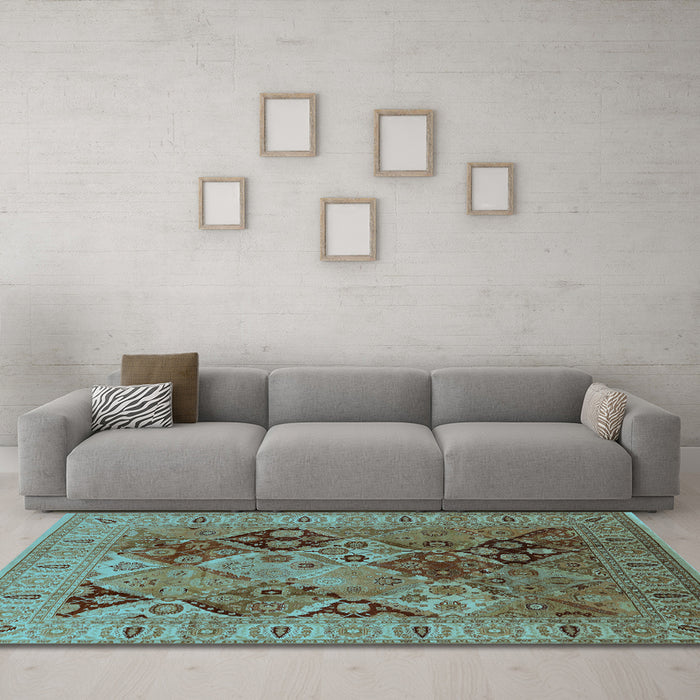 Machine Washable Oriental Light Blue Industrial Rug in a Living Room, wshurb2939lblu