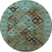 Round Machine Washable Oriental Light Blue Industrial Rug, wshurb2939lblu