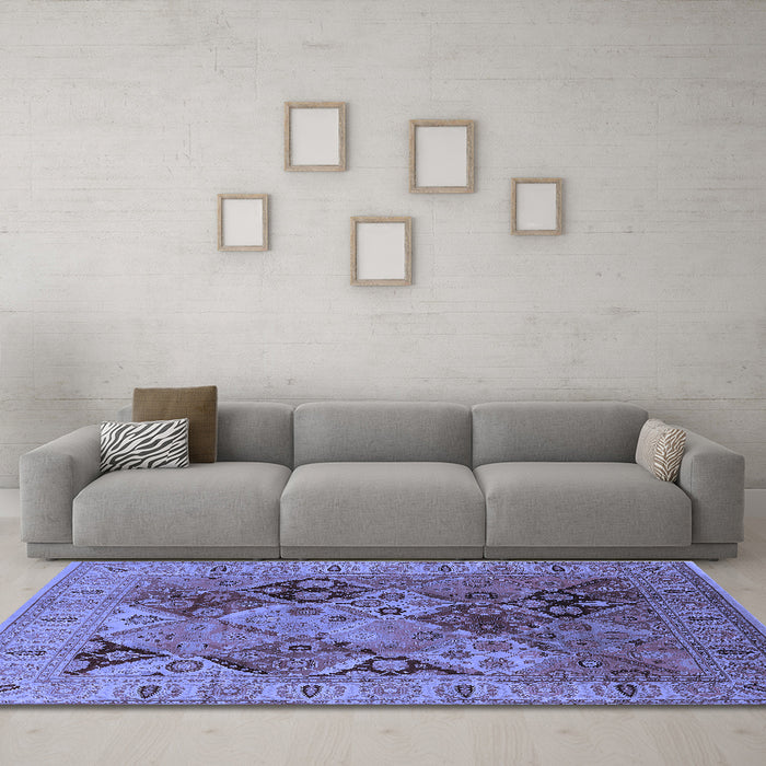 Machine Washable Oriental Blue Industrial Rug in a Living Room, wshurb2939blu