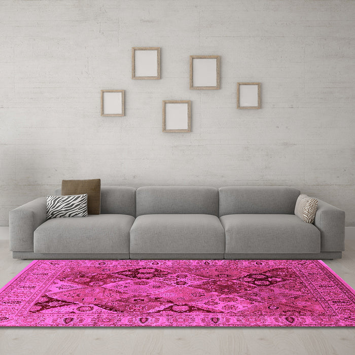 Machine Washable Oriental Pink Industrial Rug in a Living Room, wshurb2939pnk