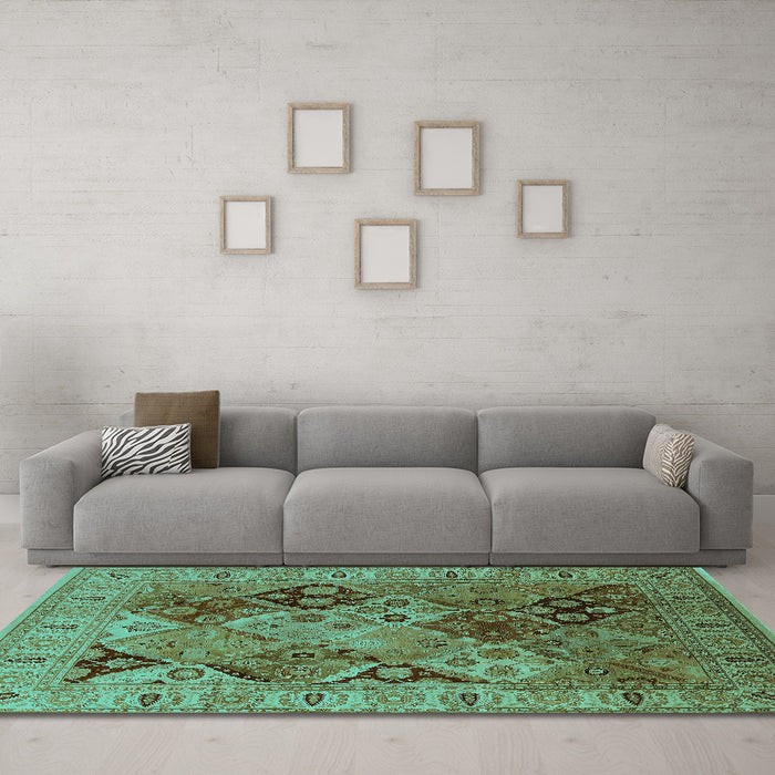 Machine Washable Oriental Turquoise Industrial Area Rugs in a Living Room,, wshurb2939turq