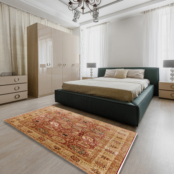 Mid-Century Modern Mahogany Brown Oriental Rug in a Bedroom, urb2940