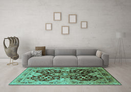 Machine Washable Oriental Turquoise Traditional Area Rugs in a Living Room,, wshurb2941turq