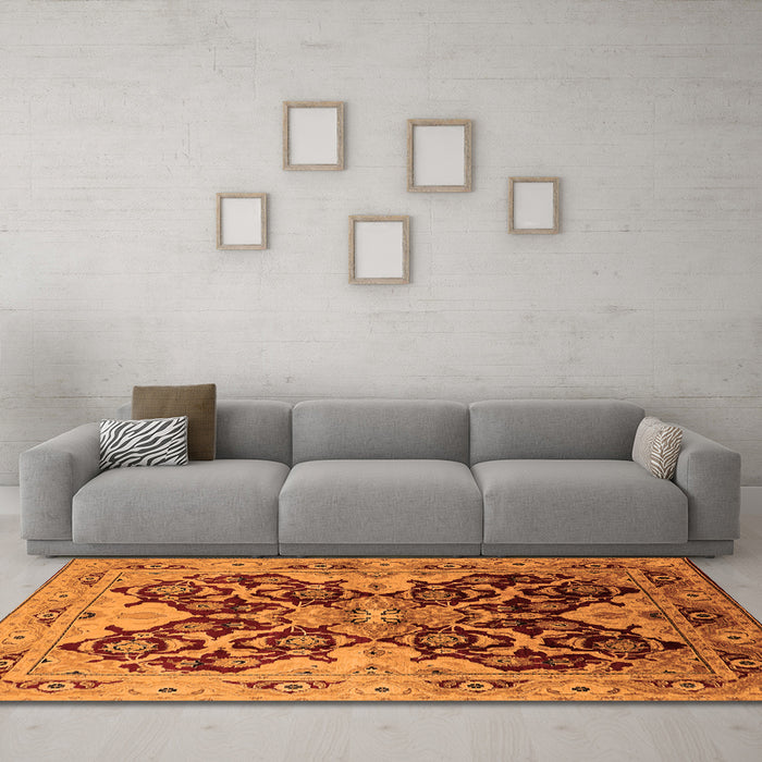 Machine Washable Oriental Orange Traditional Area Rugs in a Living Room, wshurb2941org